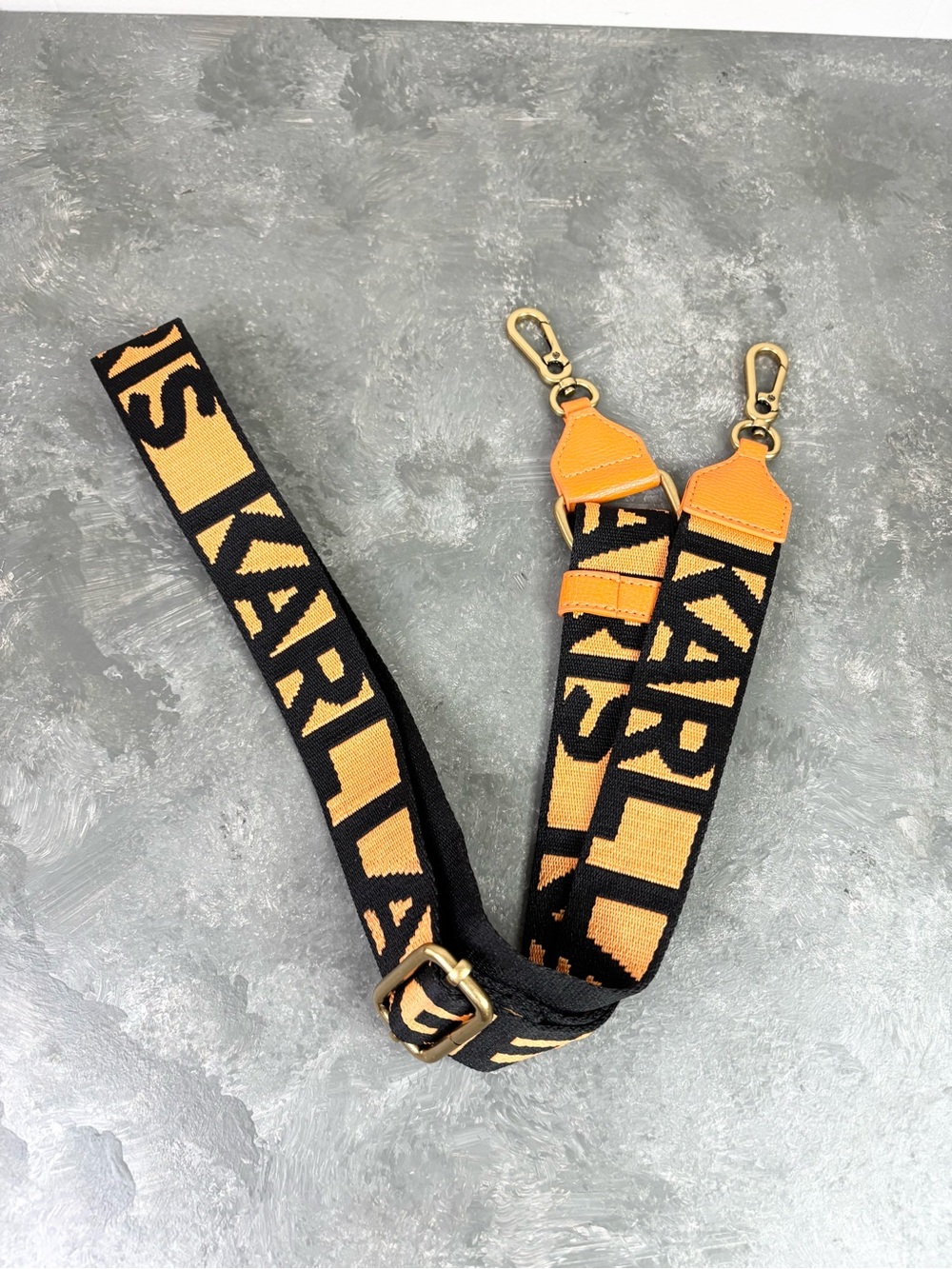 Karl Lagerfeld bag strap orange black logo print leather accents gold hardware
